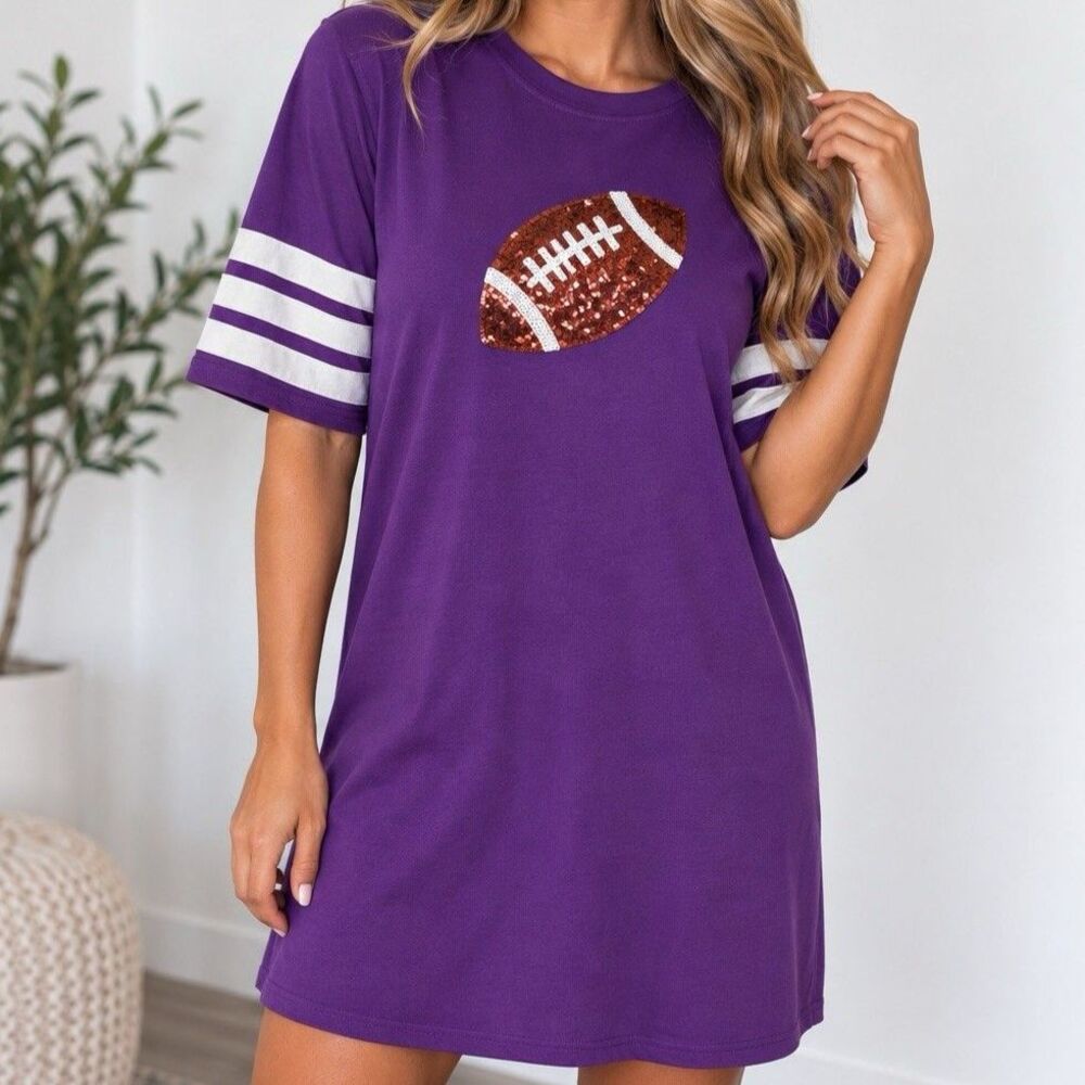 SHE + SKY Purple Crew Neck Short Sleeve T-Shirt Sequin Football Dress Game Day